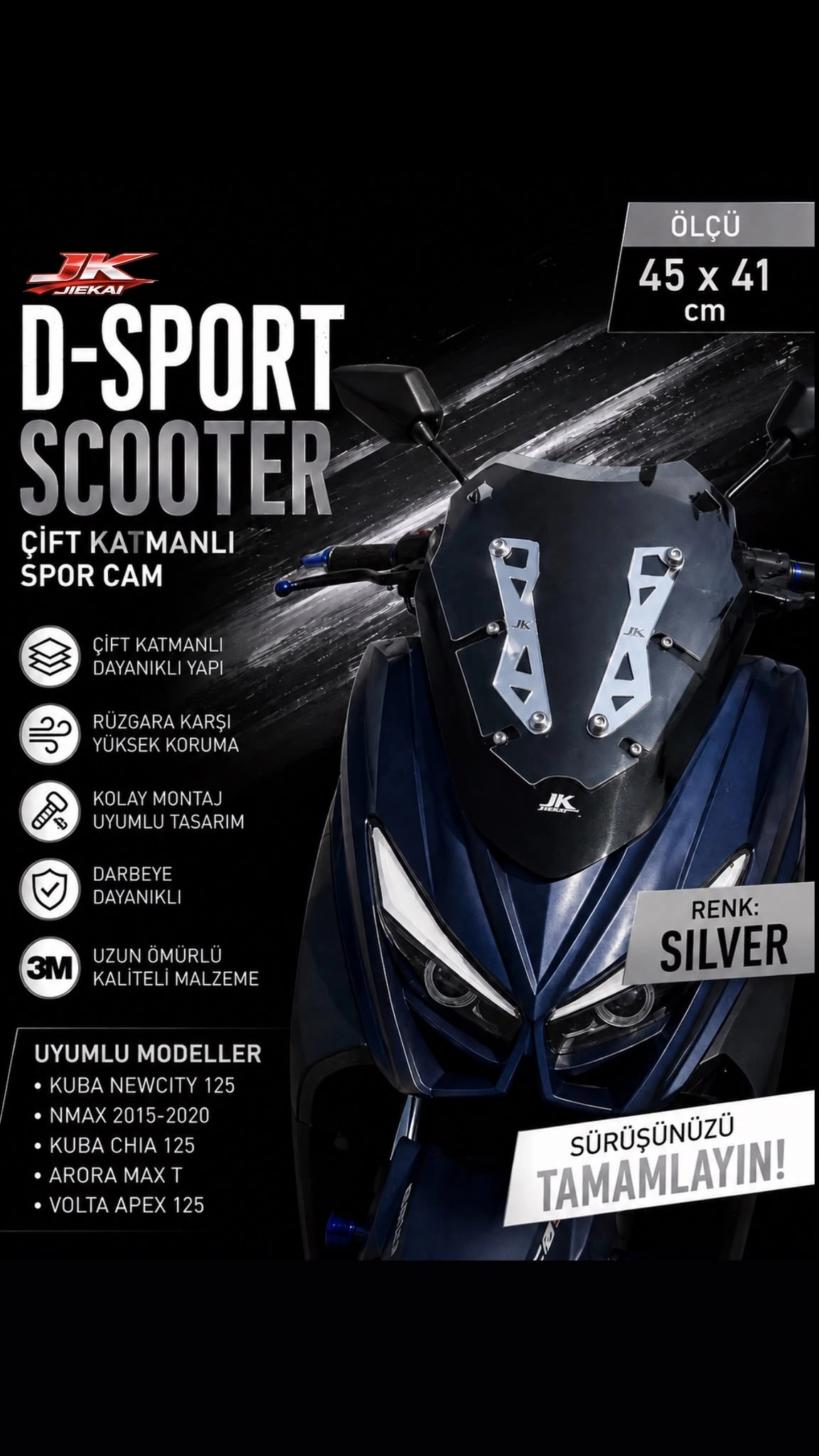 YAMAHA N-MAX 2015-2020 - D-Sport SCOOTER ÖN CAM SPOR CAM (SİLVER) ARORA MAX-T UYUMLU