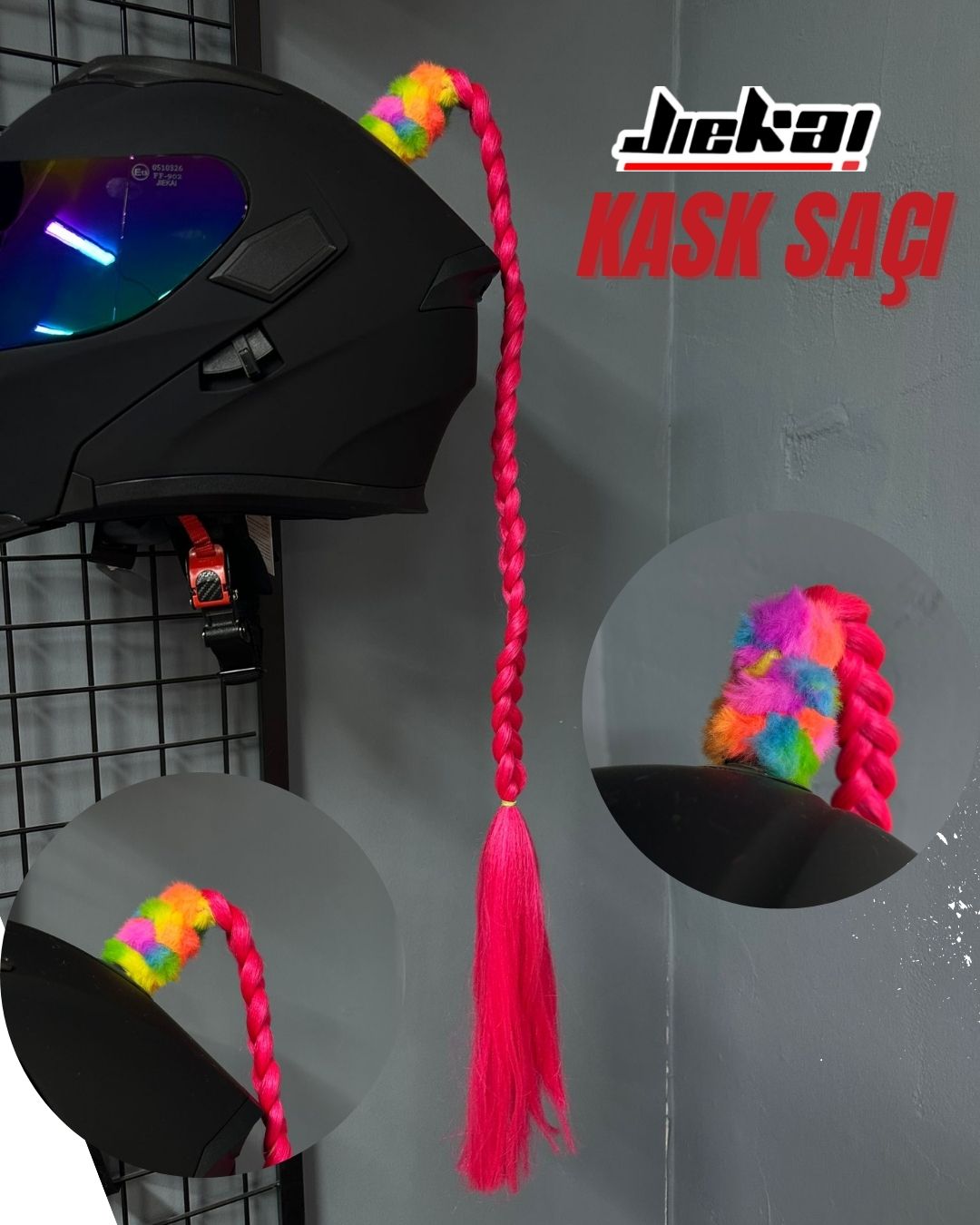 JİEKAİ KASK SAÇI NEON PEMBE RENK DÜZ ÖRGÜ MODEL-12