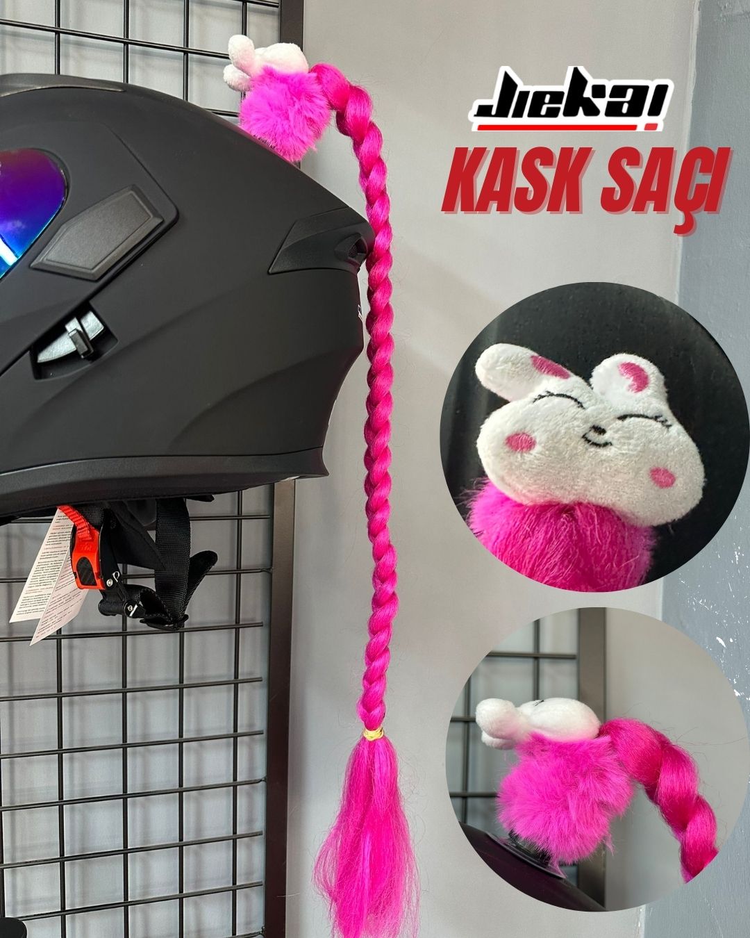 JİEKAİ KASK SAÇI TOKALI  PEMBE RENK DÜZ ÖRGÜ MODEL-02