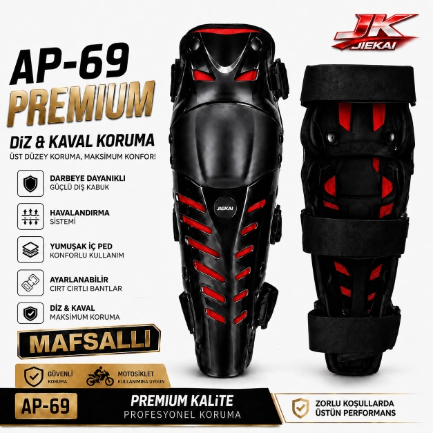 AP-69 PREMIUM MASFALLI KIRMIZI DETAYLI MOTOSİKLET DİZ VE KAVAL KORUMA SETİ AYARLANABİLİR BANTLI