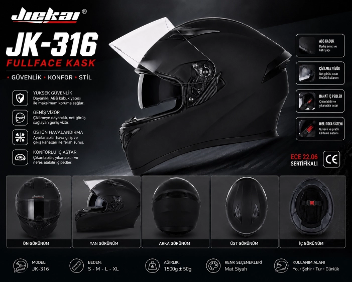 JİEKAİ JK-316-7 FULL FACE KASK MAT SİYAH