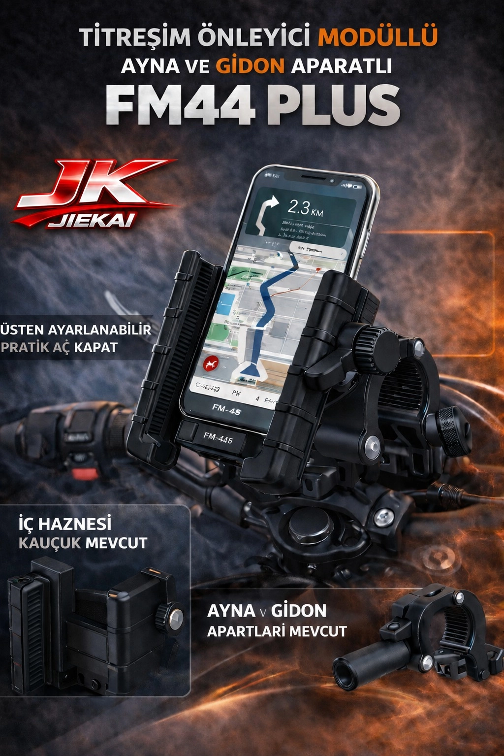 FM-44 PLUS TİTREŞİM MODÜLLÜ MOTOSİKLET TELEFON TUTUCU AYNA VE GİDON APARATLI UNIVERSAL SİYAH