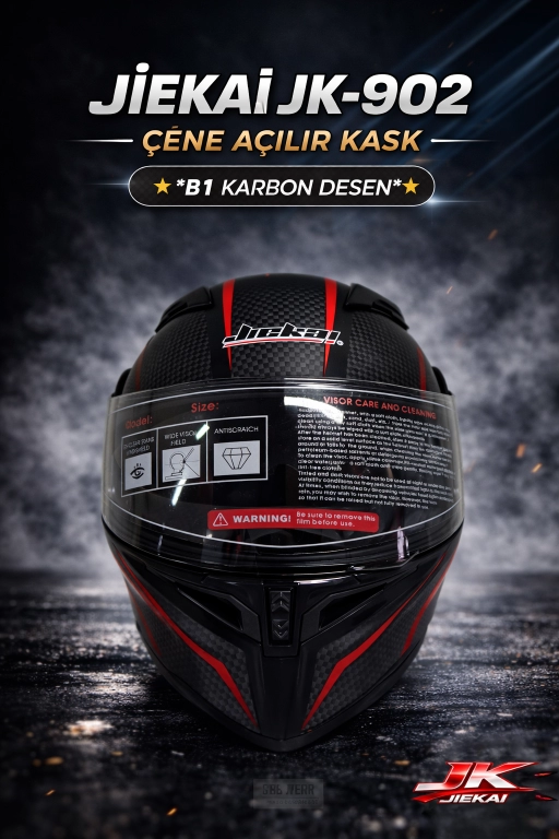 JİEKAİ JK-902 ÇENE AÇILIR KASK * ÇENE PEDLİ * B1 KARBON DESEN