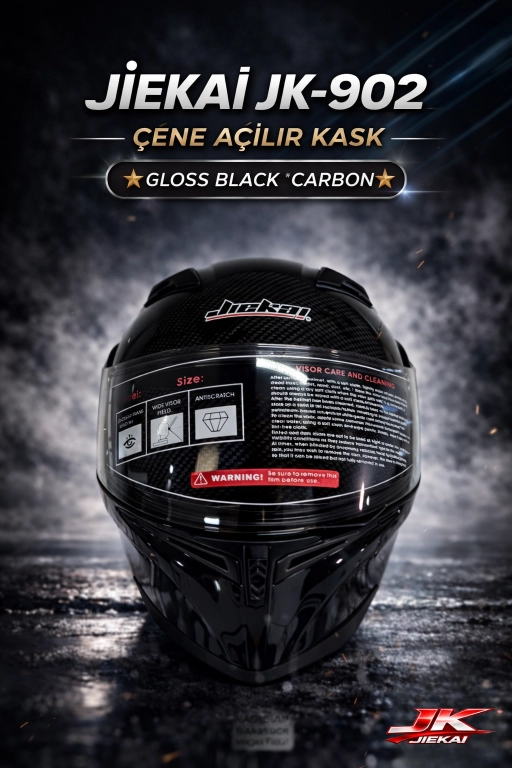 JİEKAİ JK-902 ÇENE AÇILIR KASK * ÇENE PEDLİ * GLOSS BLACK CARBON