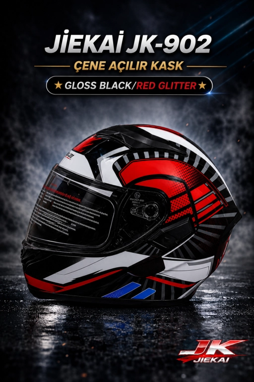 JİEKAİ JK-902 ÇENE AÇILIR KASK * ÇENE PEDLİ * GLOSS BLACK/RED GLITTER