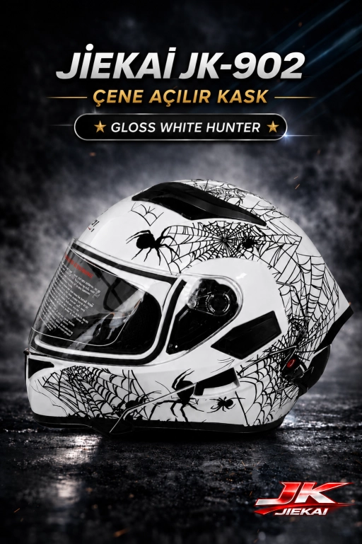 JİEKAİ JK-902 ÇENE AÇILIR KASK * ÇENE PEDLİ * GLOSS WHITE HUNTER