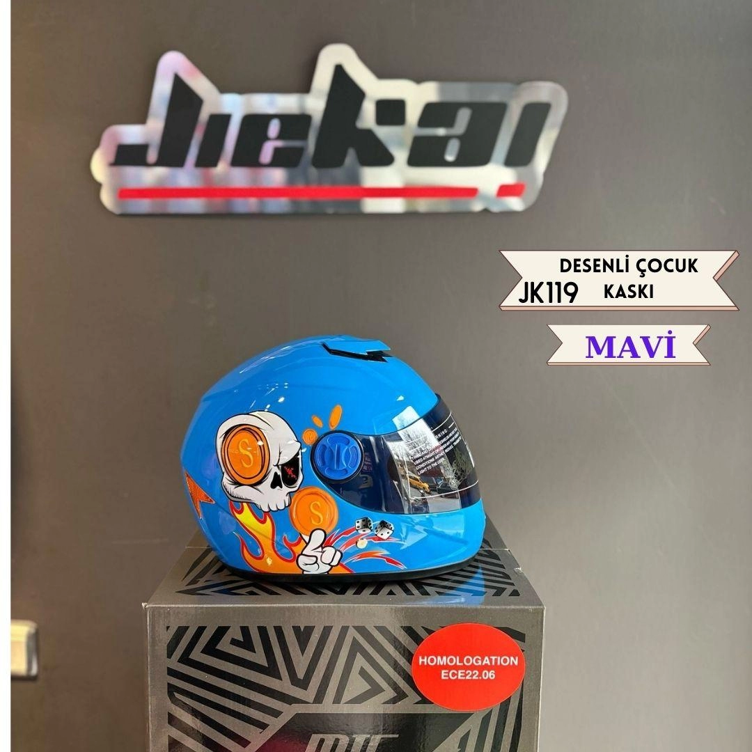 JİEKAİ JK119 Desenli Çocuk Kaskı Mavi Renk Full Face  Kask