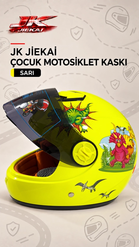 JİEKAİ JK119 Desenli Çocuk Kaskı Full Face Kask -SARI-