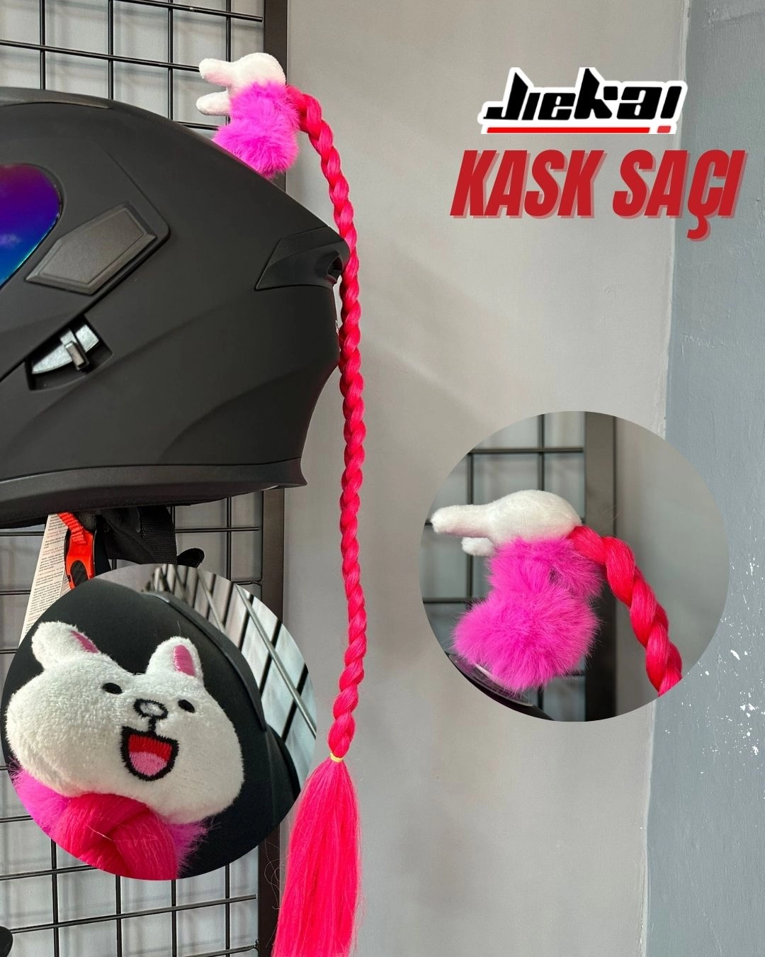 JİEKAİ KASK SAÇI TOKALI NEON PEMBE RENK DÜZ ÖRGÜ MODEL-11