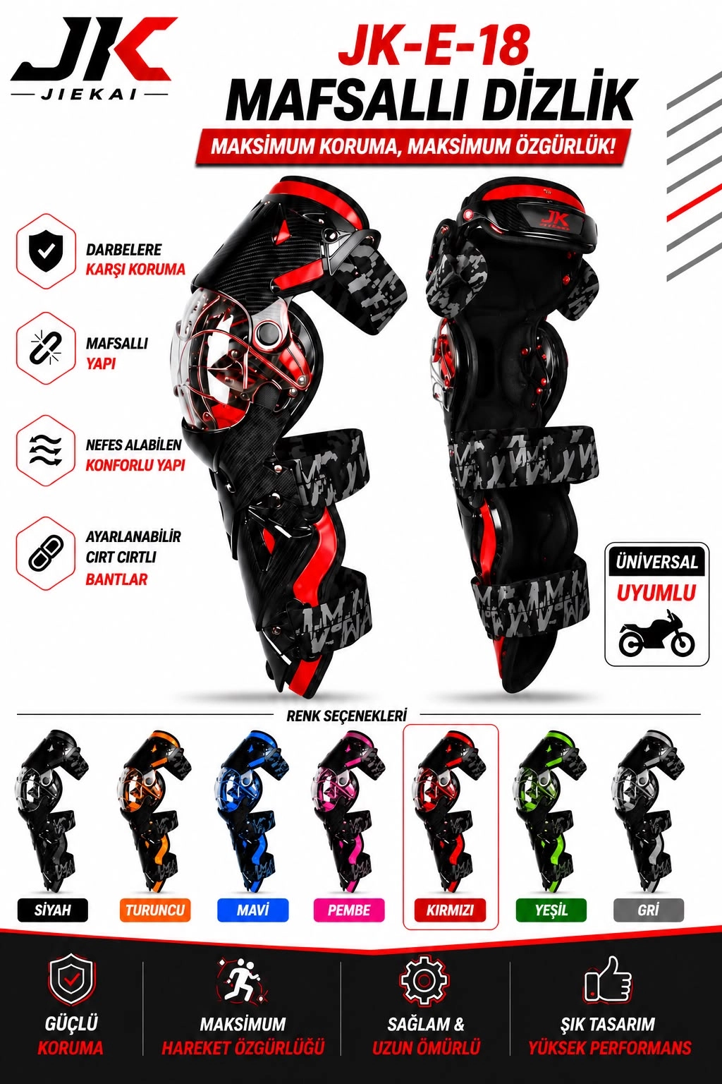 JK-E-18 MAFSALLI MOTOSİKLET DİZLİK AYARLANABİLİR KORUYUCU KIRMIZI