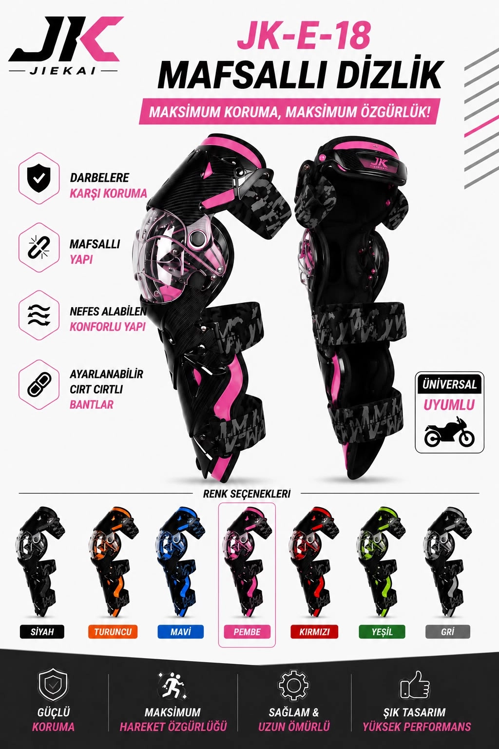JK-E-18 MAFSALLI MOTOSİKLET DİZLİK AYARLANABİLİR KORUYUCU PEMBE
