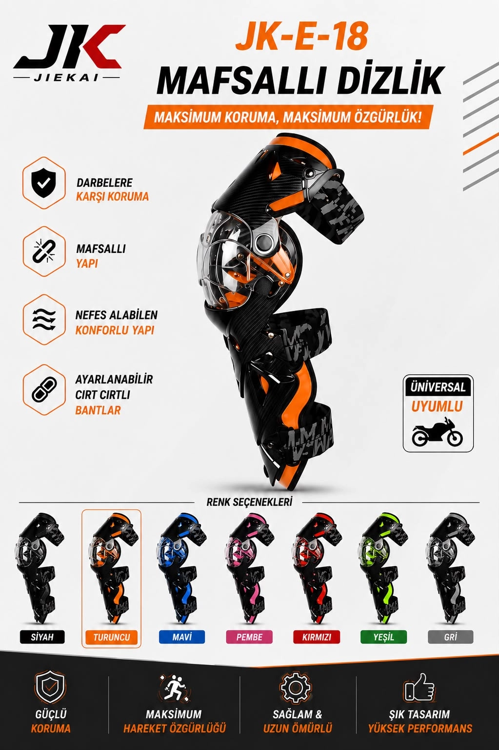 JK-E-18 MAFSALLI MOTOSİKLET DİZLİK AYARLANABİLİR KORUYUCU TURUNCU