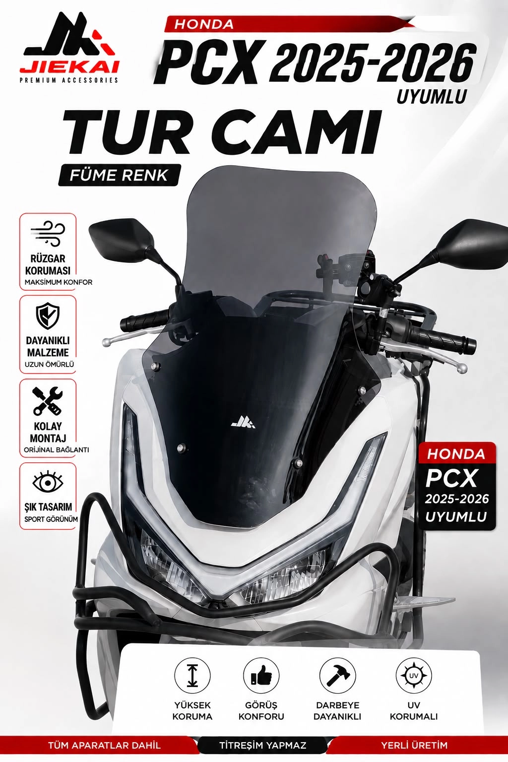 JK JİEKAİ Honda Pcx 2025-2026 Uyumlu Tur Camı (FÜME)