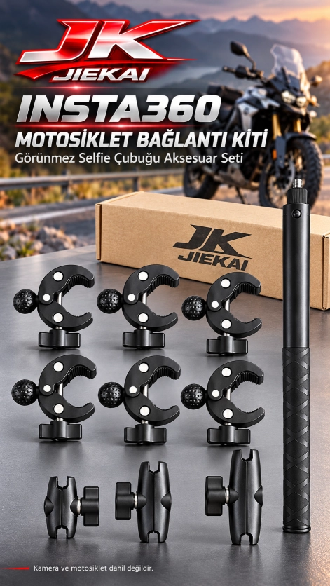 JK JİEKAİ Insta360 Motosiklet Kamera Bağlantı Kiti ve Görünmez Selfie Çubuğu Aksesuar Seti