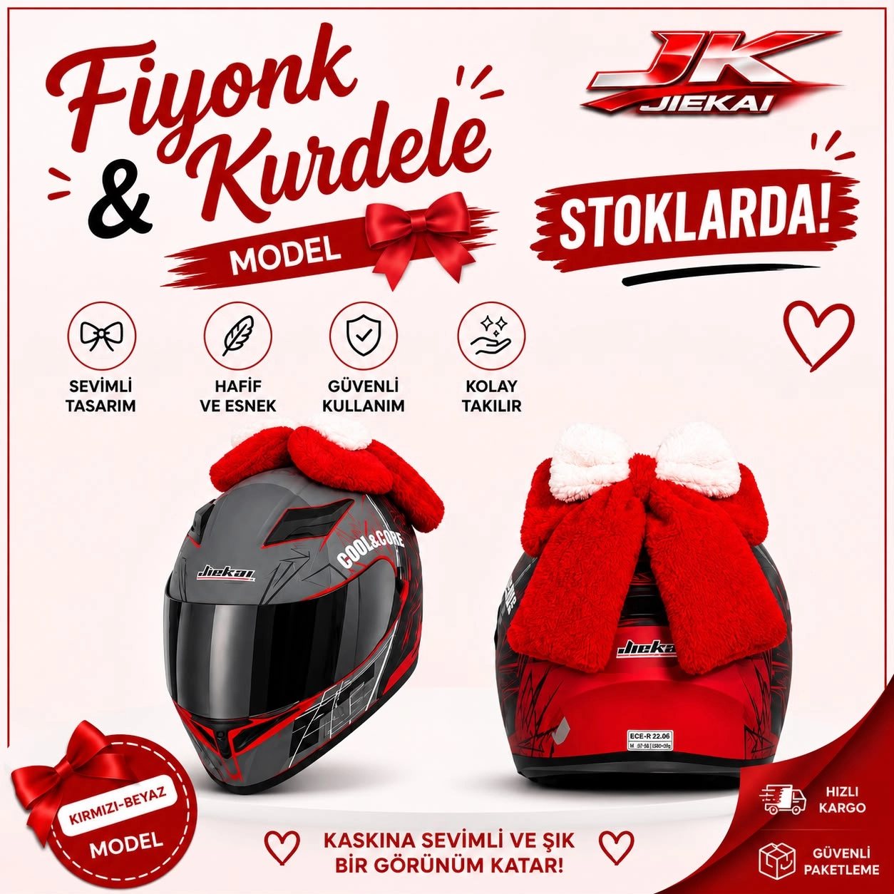 JK JİEKAİ PELUŞ KASK KURDELE & FİYONK KIRMIZI-BEYAZ (KASK DAHİL DEĞİLDİR)