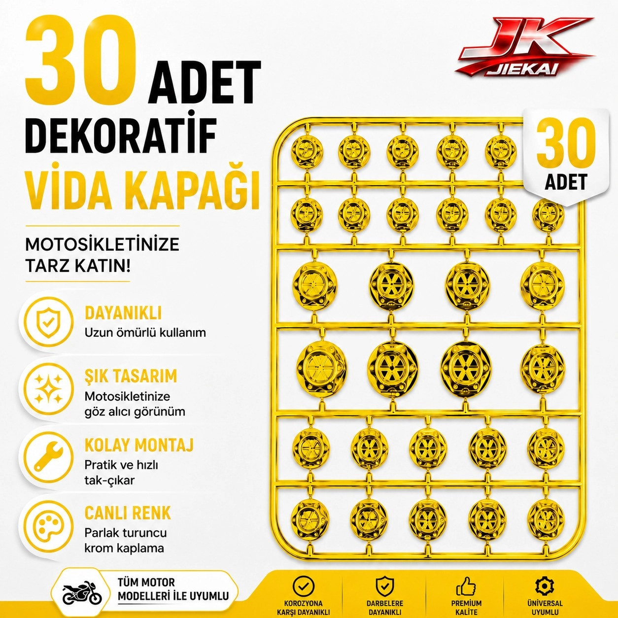 MOTOSİKLET DEKORATİF VİDA KAPAĞI 30 PARÇA SET ABS PLASTİK CİVATA SÜS KAPAĞI GOLD